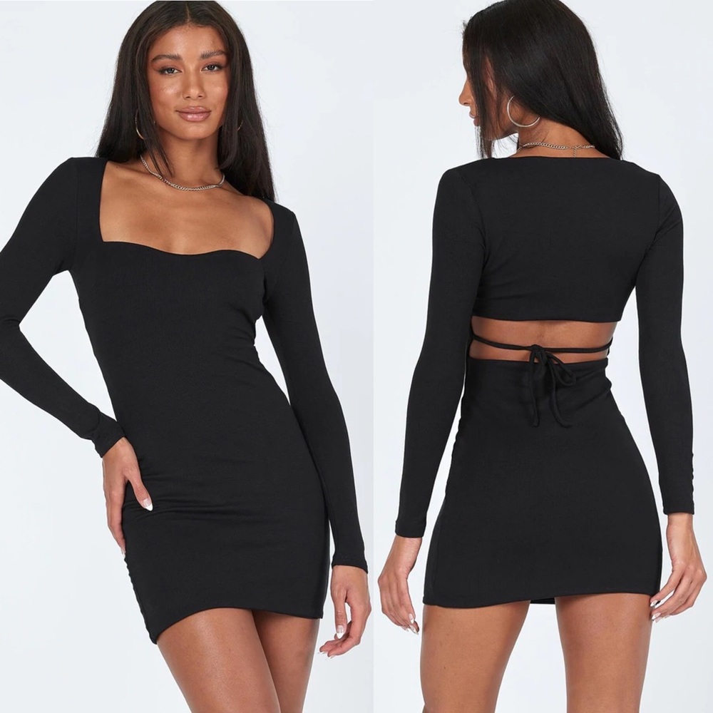 Princess Polly Black Long Sleeve Square Neck Tie Cut Out Back Mini Dress